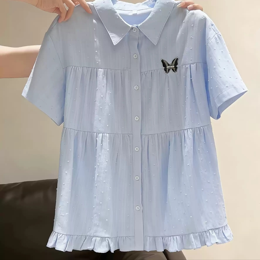 Light Blue Butterfly Embroidered Tiered Ruffle Shirt